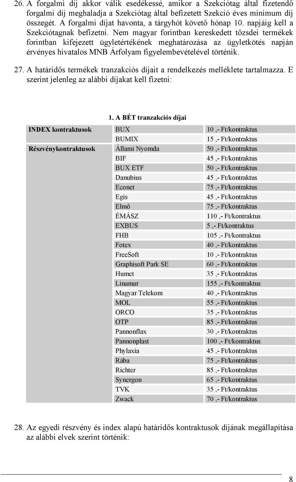 Nem magyar forintban kereskedett tızsdei termékek forintban kifejezett ügyletértékének meghatározása az ügyletkötés napján érvényes hivatalos MNB Árfolyam figyelembevételével történik. 27.