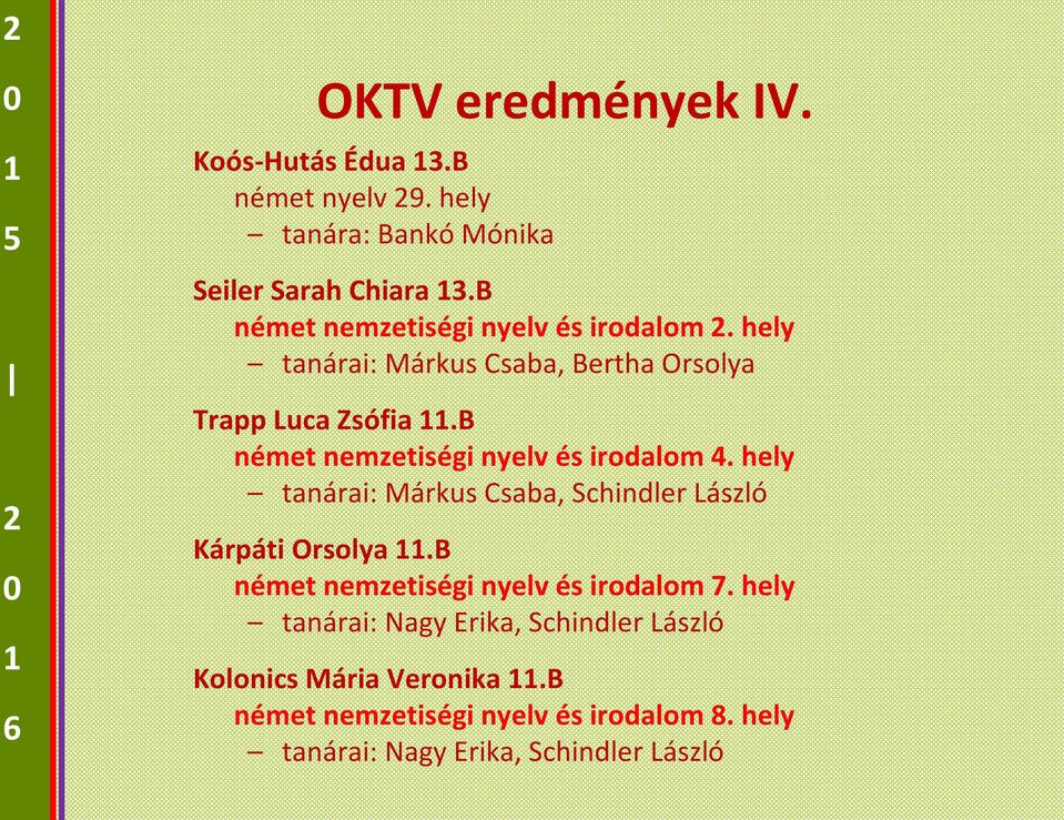 B német nemzetiségi nyelv és irodalom 4. hely tanárai: Márkus Csaba, Schindler László Kárpáti Orsolya.