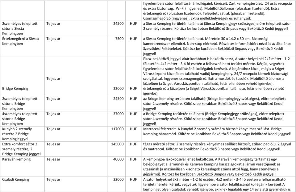 Extra értékmegőrző (pluszban fizetendő). Telepített sátrak (pluszban fizetendő). Csomagmegőrző (ingyenes).
