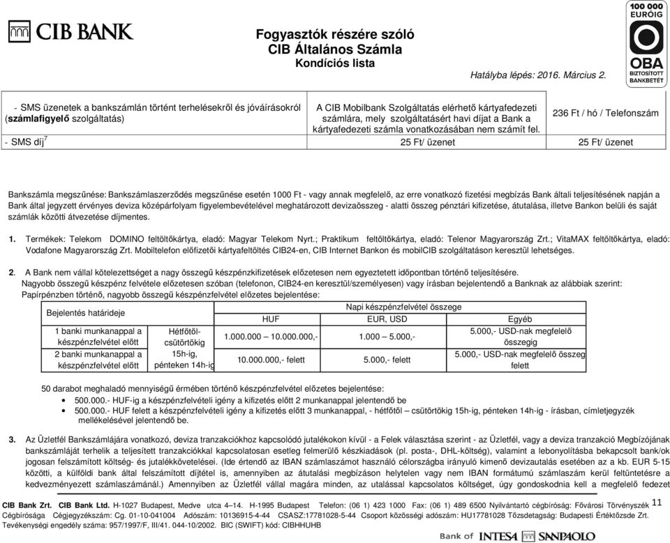 236 Ft / hó / Telefonszám - SMS díj 7 25 Ft/ üzenet 25 Ft/ üzenet Bankszámla megszűnése: Bankszámlaszerződés megszűnése esetén 100 - vagy annak megfelelő, az erre vonatkozó fizetési megbízás Bank