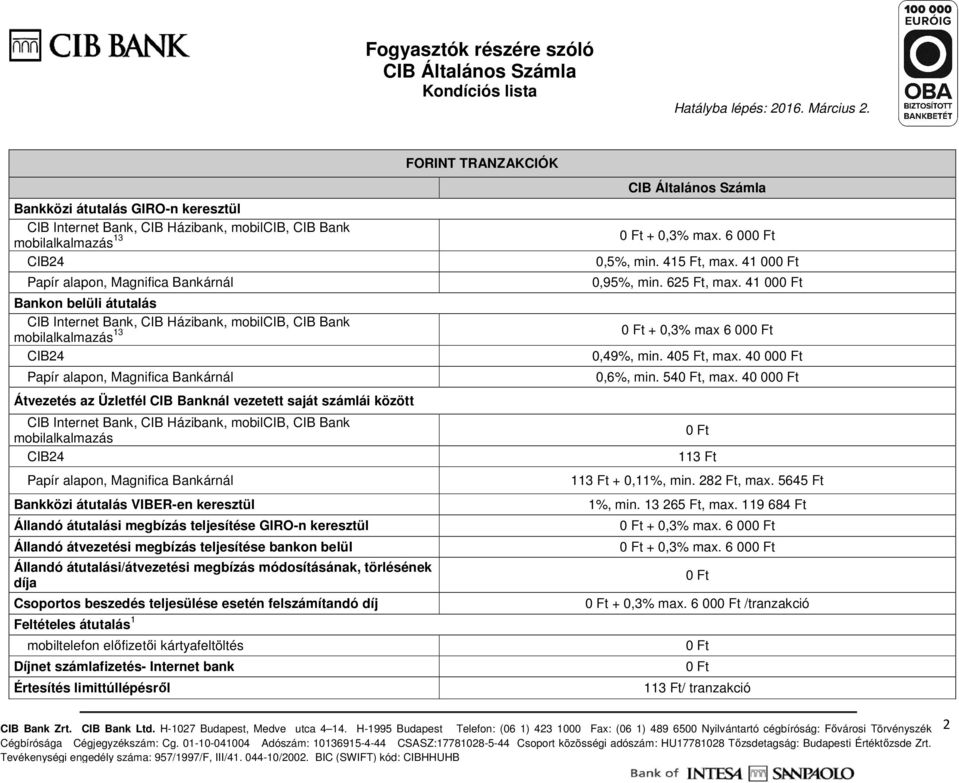 Csoportos beszedés teljesülése esetén felszámítandó díj Feltételes átutalás 1 mobiltelefon előfizetői kártyafeltöltés Díjnet számlafizetés- Internet bank Értesítés limittúllépésről FORINT TRANZAKCIÓK