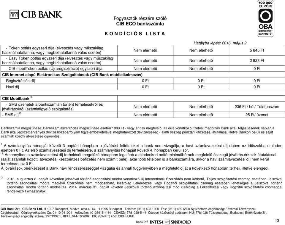 elérhető CIB Internet alapú Elektronikus Szolgáltatások (CIB Bank mobilalkalmazás) Regisztrációs díj Havi díj CIB Mobilbank 9 - SMS üzenetek a bankszámlán történt terhelésekről és jóváírásokról