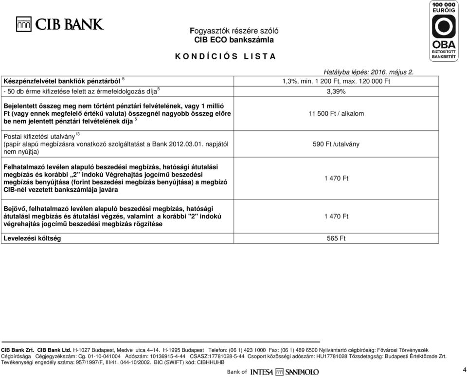 Postai kifizetési utalvány 13 (papír alapú megbízásra vonatkozó szolgáltatást a Bank 2012