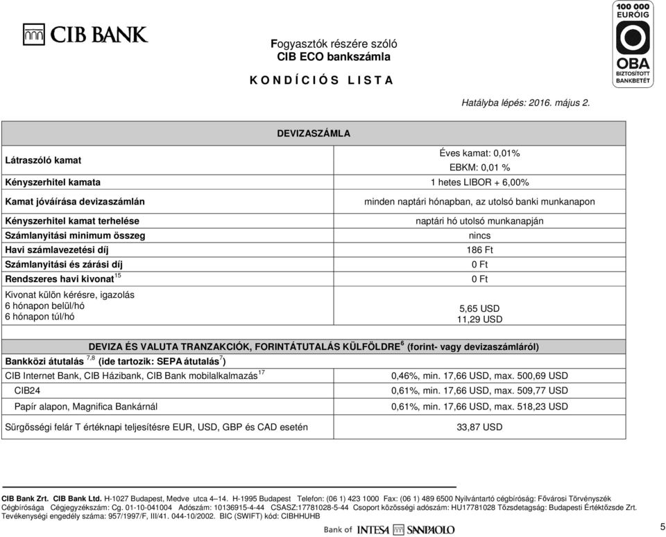 naptári hó utolsó munkanapján nincs 186 Ft 5,65 USD 11,29 USD DEVIZA ÉS VALUTA TRANZAKCIÓK, FORINTÁTUTALÁS KÜLFÖLDRE 6 (forint- vagy devizaszámláról) Bankközi átutalás 7,8 (ide tartozik: SEPA