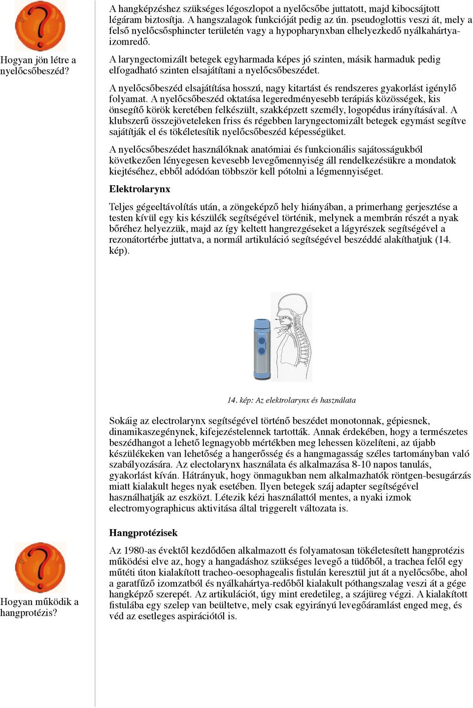 A laryngectomizált betegek egyharmada képes jó szinten, másik harmaduk pedig elfogadható szinten elsajátítani a nyelőcsőbeszédet.