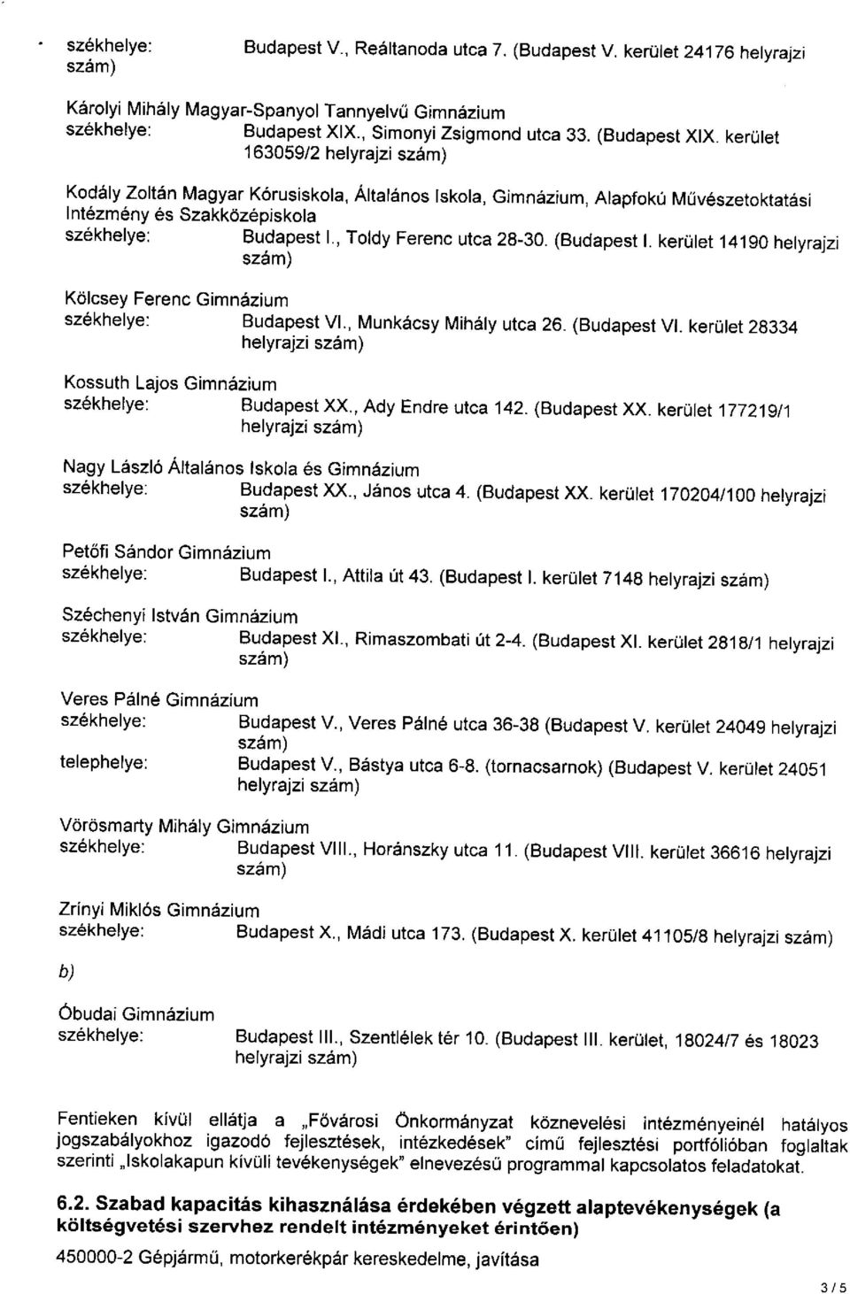 (Budapest l. kerület 14190 helyrajzi Kölcsey Ferenc Gimnázium székhelye: Budapest VI., Munkácsy Mihály utca 26. (Budapest VI. kerület 28334 helyrajzi Kossuth Lajos Gimnázium székhelye: Budapest XX.