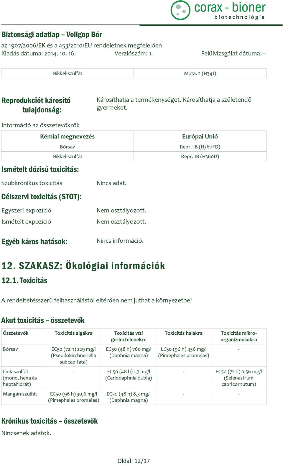 expozíció Ismételt expozíció Károsíthatja a termékenységet. Károsíthatja a születendő gyermeket. Nincs adat. Nem osztályozott. Nem osztályozott. Európai Unió Repr. 1B (H360FD) Repr.