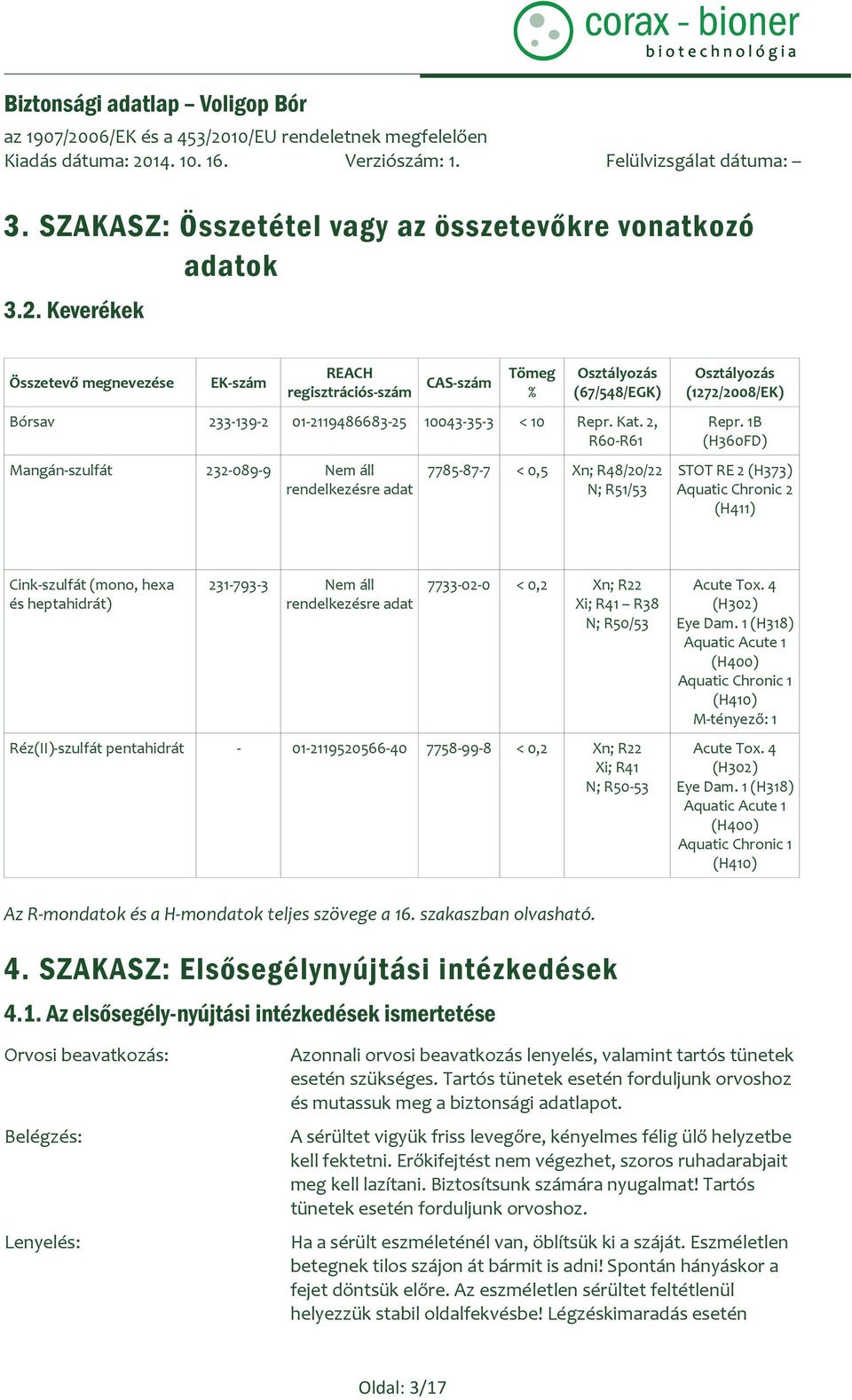 2, R60-R61 Mangán-szulfát 232-089-9 Nem áll rendelkezésre adat 7785-87-7 < 0,5 Xn; R48/20/22 N; R51/53 Osztályozás (1272/2008/EK) Repr.
