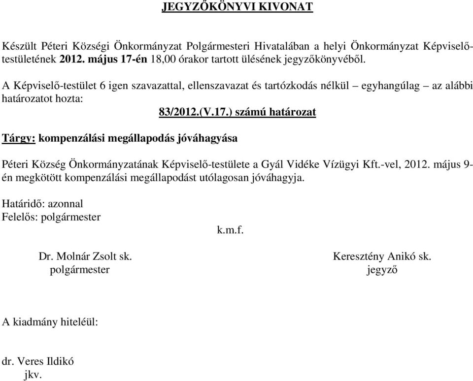 ) számú határozat Tárgy: kompenzálási megállapodás jóváhagyása Péteri