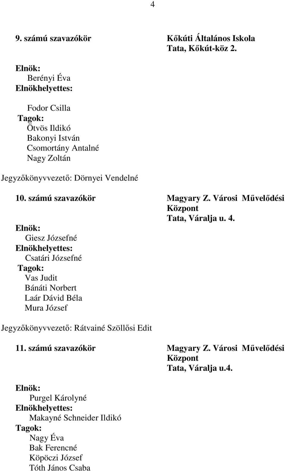 számú szavazókör Magyary Z. Városi Mővelıdési Központ Tata, Váralja u. 4.
