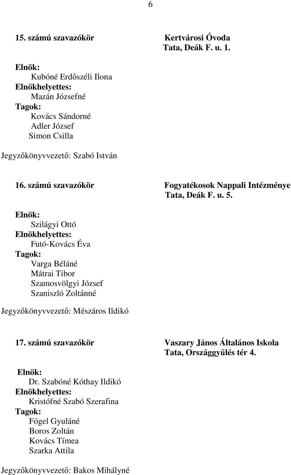 Szilágyi Ottó Futó-Kovács Éva Varga Béláné Mátrai Tibor Szamosvölgyi József Szaniszló Zoltánné Jegyzıkönyvvezetı: Mészáros Ildikó 17.
