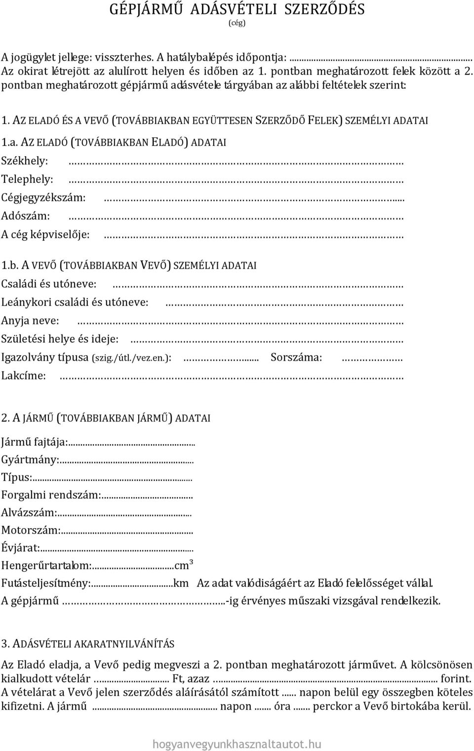 GÉPJÁRMŰ ADÁSVÉTELI SZERZŐDÉS (magánszemély) - PDF Ingyenes letöltés