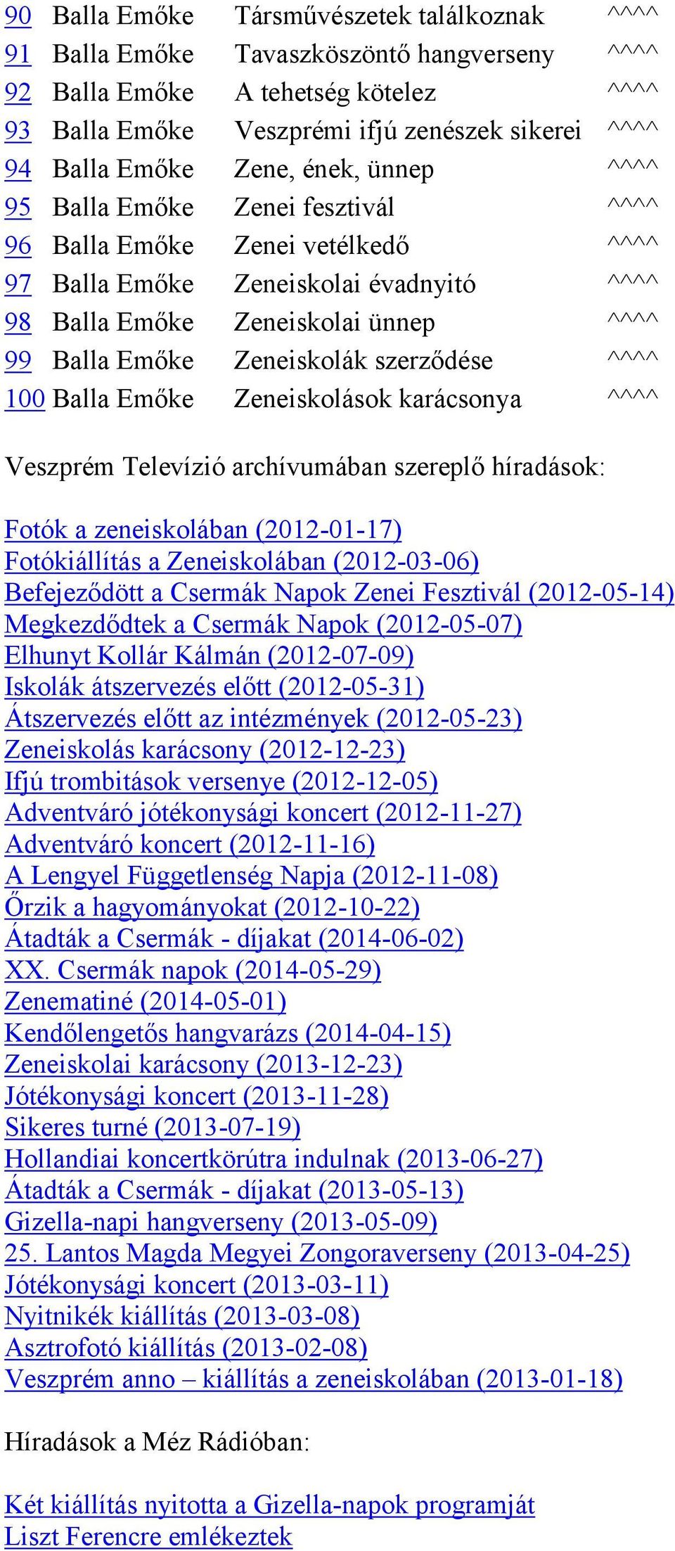 Zeneiskolák szerződése ^^^^ 100 Balla Emőke Zeneiskolások karácsonya ^^^^ Veszprém Televízió archívumában szereplő híradások: Fotók a zeneiskolában (2012-01-17) Fotókiállítás a Zeneiskolában