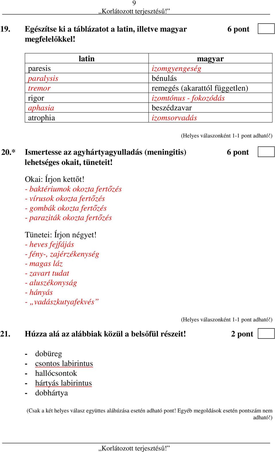 * Ismertesse az agyhártyagyulladás (meningitis) 6 pont lehetséges okait, tüneteit! Okai: Írjon kettőt!