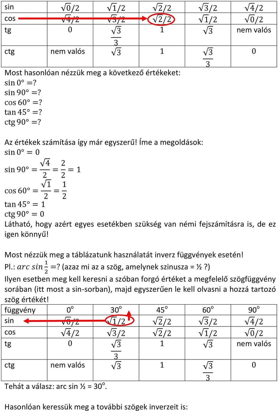 Most nézzük meg a táblázatunk használatát inverz függvények esetén! Pl.: (azaz mi az a szög, amelynek szinusza = ½?