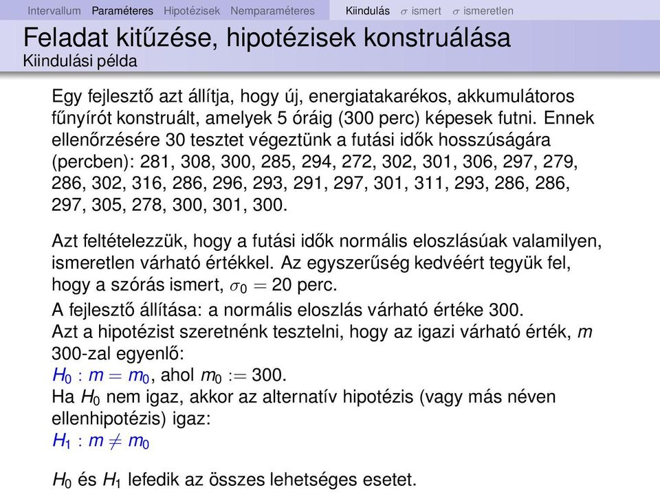 Eek elleőrzésére 30 tesztet végeztük a futási idők hosszúságára (percbe): 281, 308, 300, 285, 294, 272, 302, 301, 306, 297, 279, 286, 302, 316, 286, 296, 293, 291, 297, 301, 311, 293, 286, 286, 297,