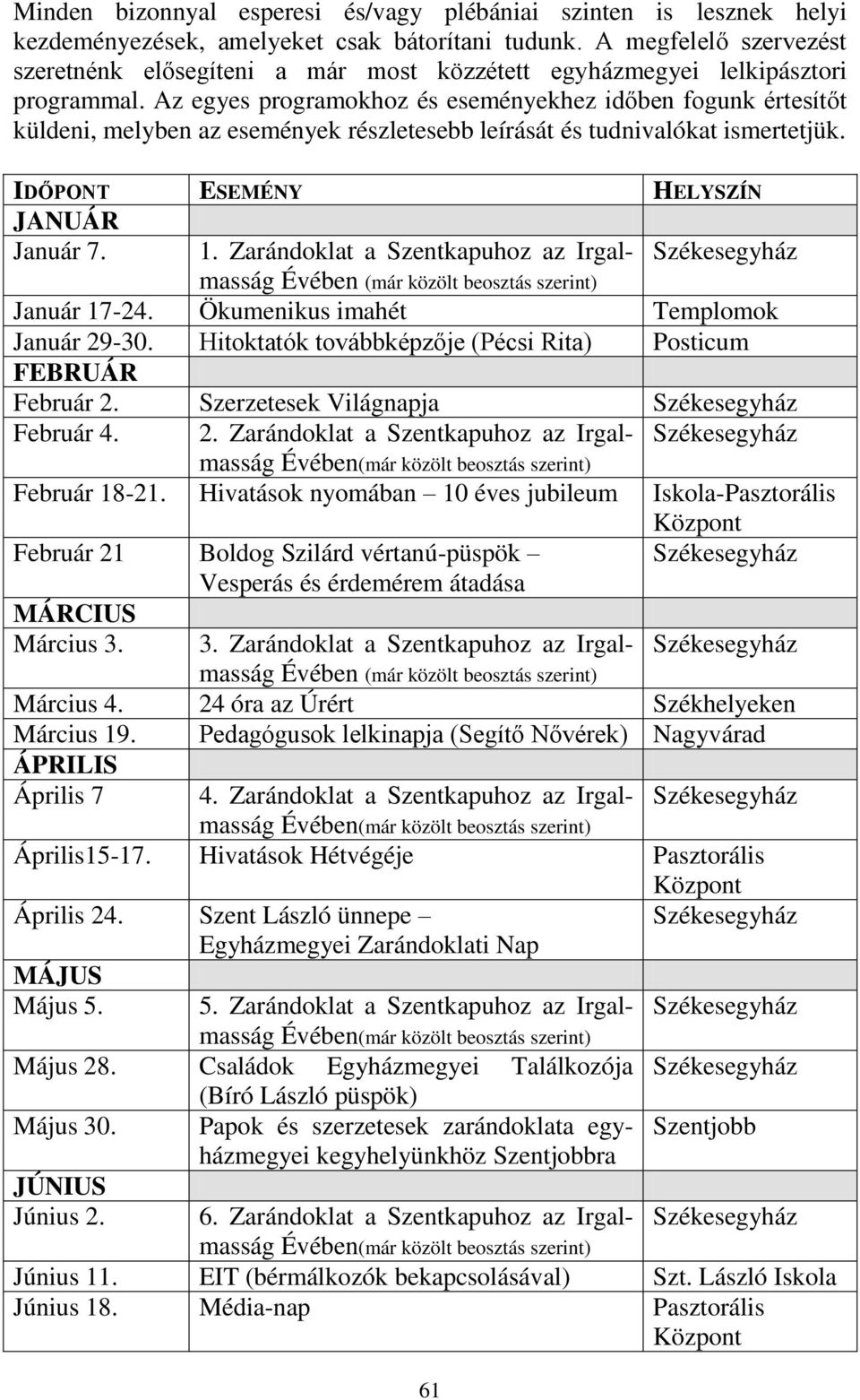 Az egyes programokhoz és eseményekhez időben fogunk értesítőt küldeni, melyben az események részletesebb leírását és tudnivalókat ismertetjük. IDŐPONT ESEMÉNY HELYSZÍN JANUÁR Január 7. 1.