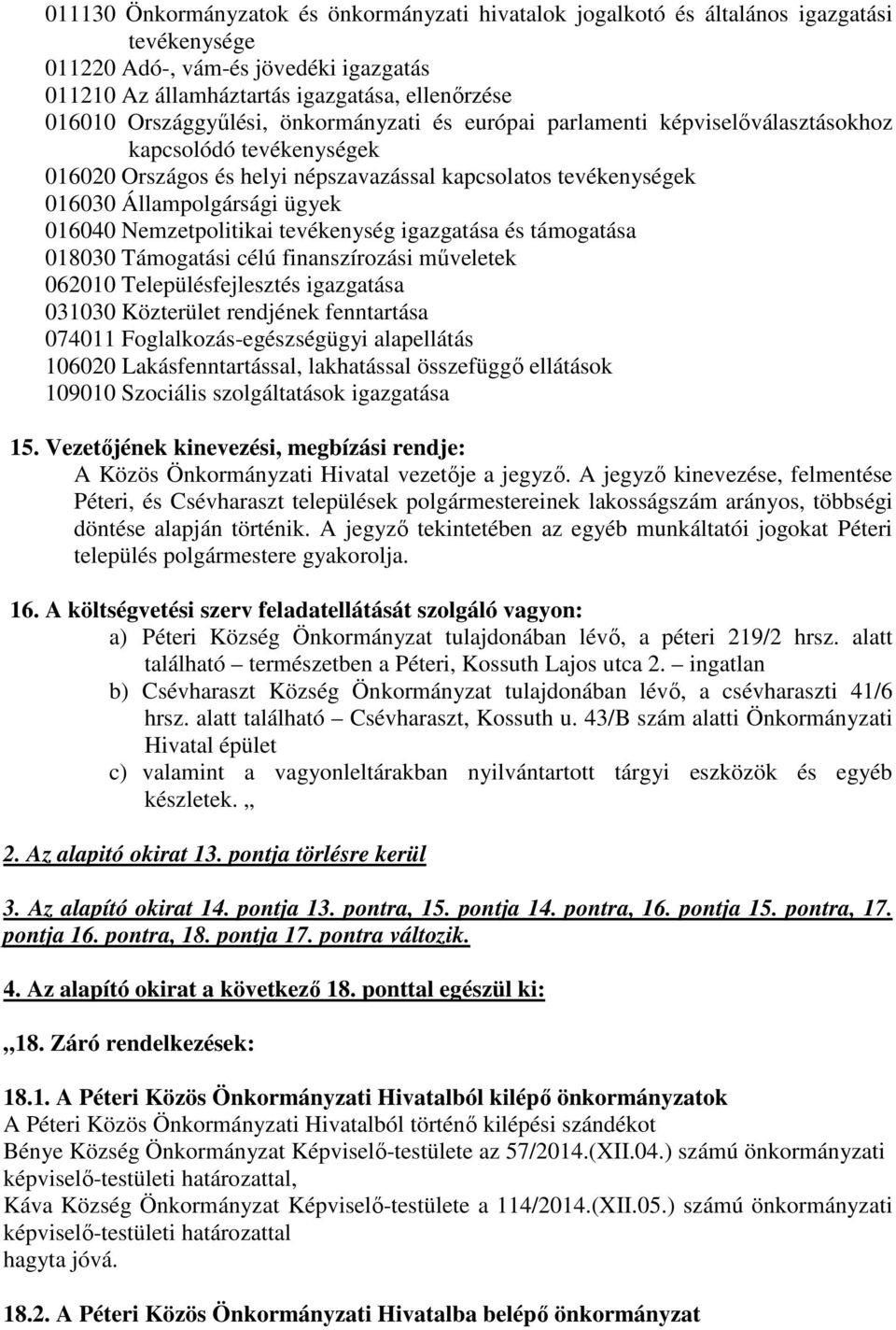 016040 Nemzetpolitikai tevékenység igazgatása és támogatása 018030 Támogatási célú finanszírozási műveletek 062010 Településfejlesztés igazgatása 031030 Közterület rendjének fenntartása 074011