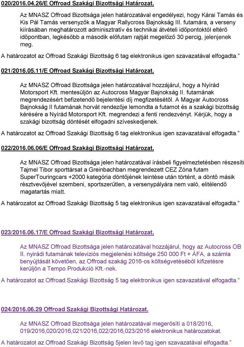 A határozatot az Offroad Szakági Bizottság 6 tag elektronikus igen 021/2016.05.11/E Offroad Szakági Bizottsági Határozat.