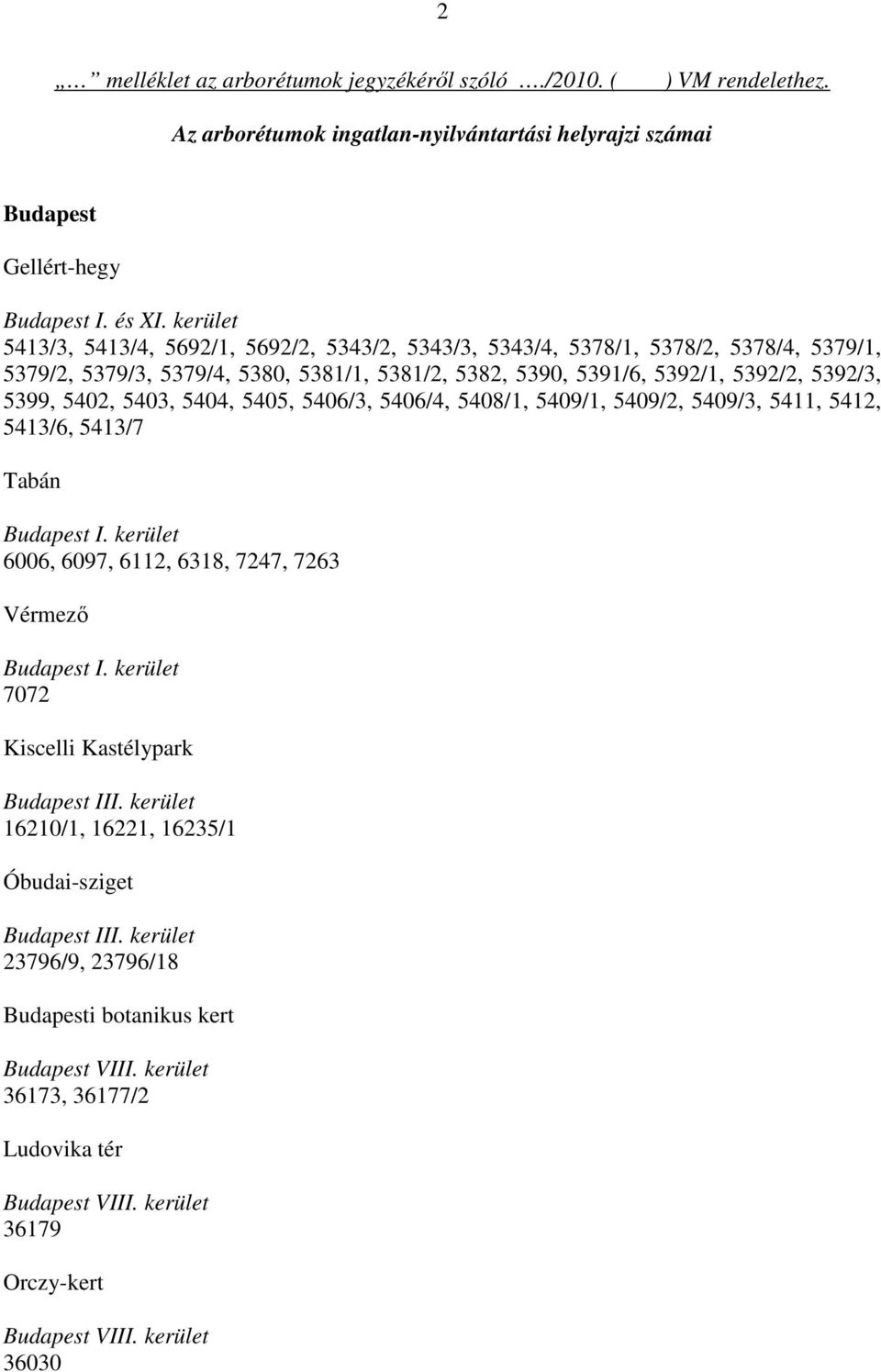 5403, 5404, 5405, 5406/3, 5406/4, 5408/1, 5409/1, 5409/2, 5409/3, 5411, 5412, 5413/6, 5413/7 Tabán Budapest I. kerület 6006, 6097, 6112, 6318, 7247, 7263 Vérmező Budapest I.