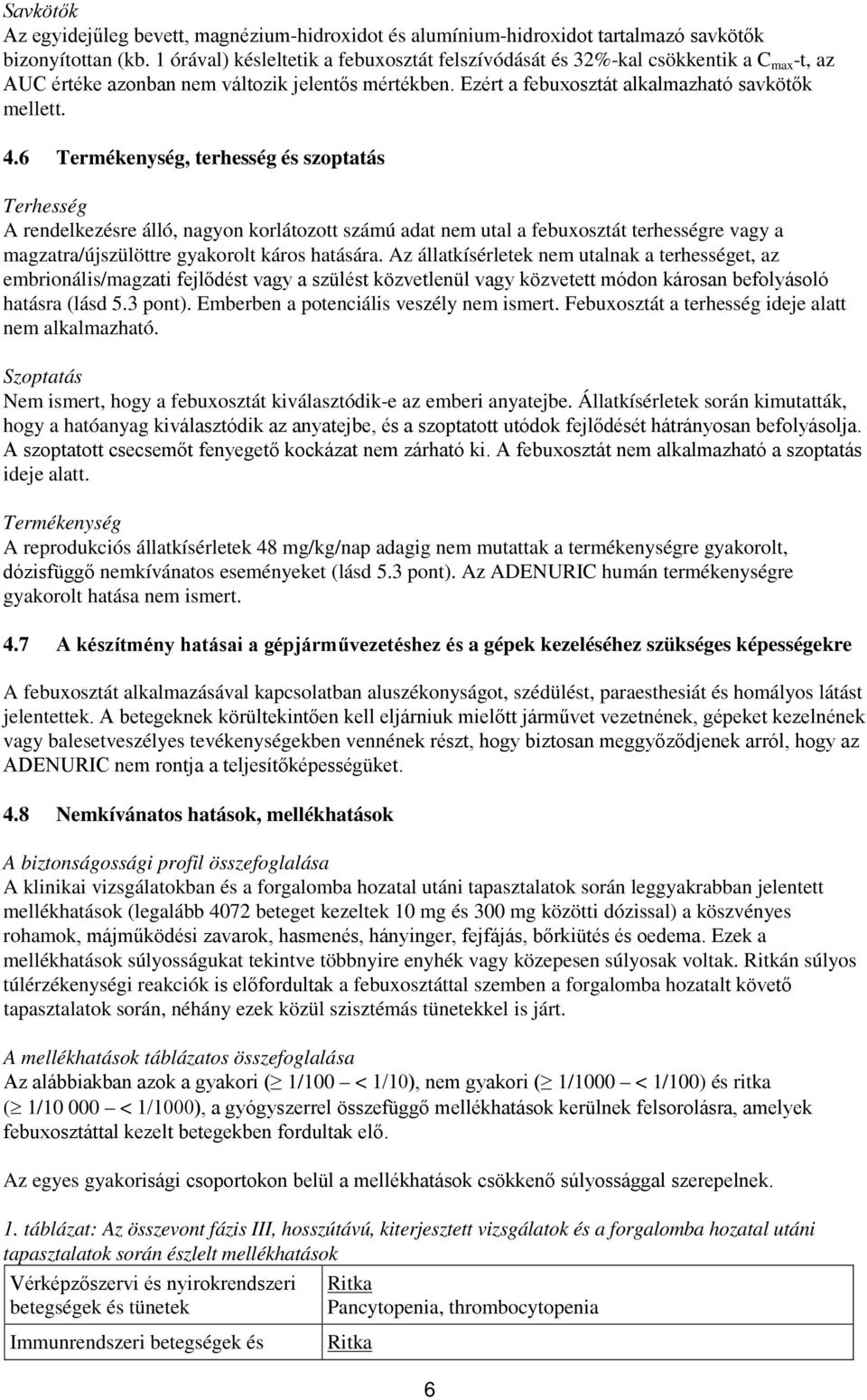 6 Termékenység, terhesség és szoptatás Terhesség A rendelkezésre álló, nagyon korlátozott számú adat nem utal a febuxosztát terhességre vagy a magzatra/újszülöttre gyakorolt káros hatására.