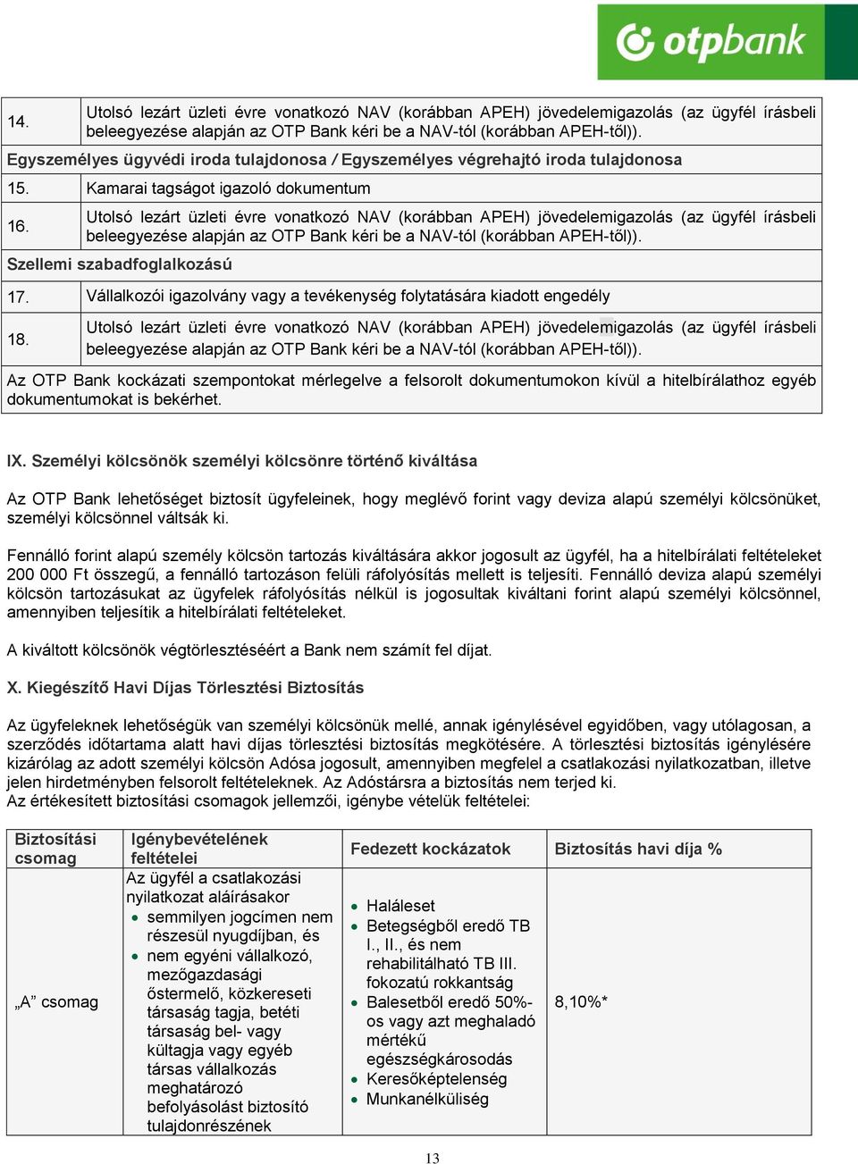 Utolsó lezárt üzleti évre vonatkozó NAV (korábban APEH) jövedelemigazolás (az ügyfél írásbeli beleegyezése alapján az OTP Bank kéri be a NAV-tól (korábban APEH-től)). Szellemi szabadfoglalkozású 17.