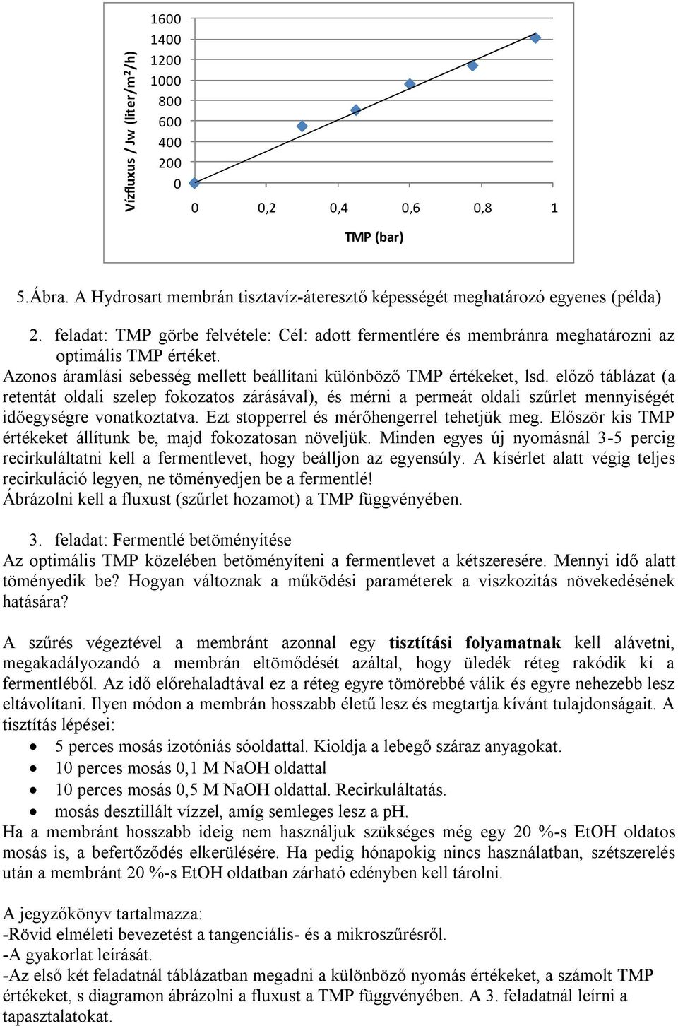 előző táblázat (a retentát oldali szelep fokozatos zárásával), és mérni a permeát oldali szűrlet mennyiségét időegységre vonatkoztatva. Ezt stopperrel és mérőhengerrel tehetjük meg.