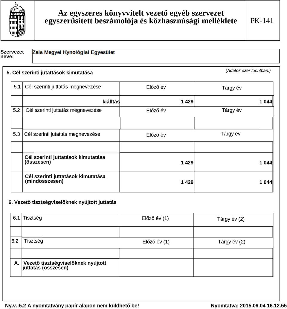 3 Cél szerinti jutatts megnevezése Előző év Trgy év Cél szerinti juttatsok kimutatsa (összesen) Cél szerinti juttatsok kimutatsa (mindösszesen) 1 429 1 044 1 429 1 044 6.