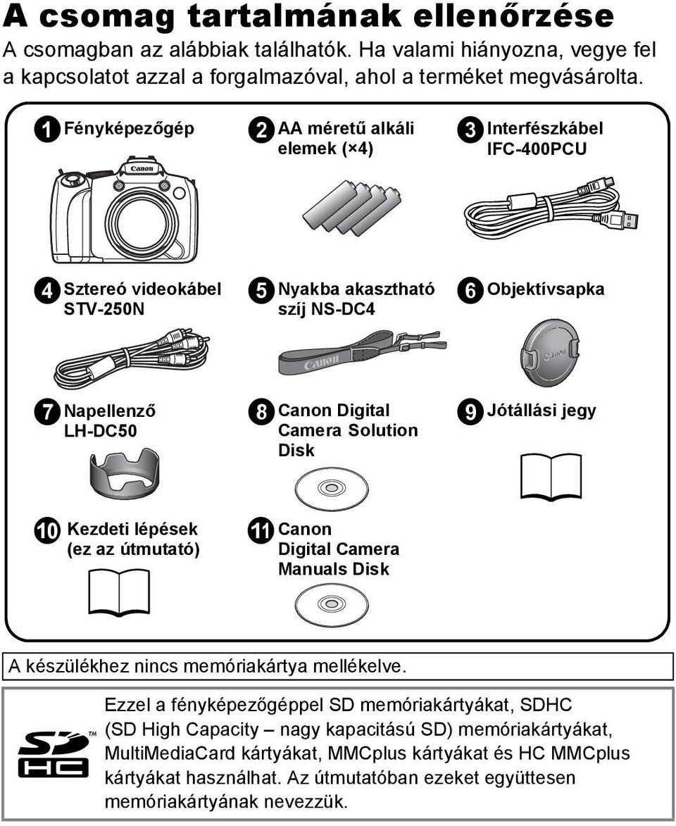 Camera Solution Disk ijótállási jegy j Kezdeti lépések (ez az útmutató) k Canon Digital Camera Manuals Disk A készülékhez nincs memóriakártya mellékelve.