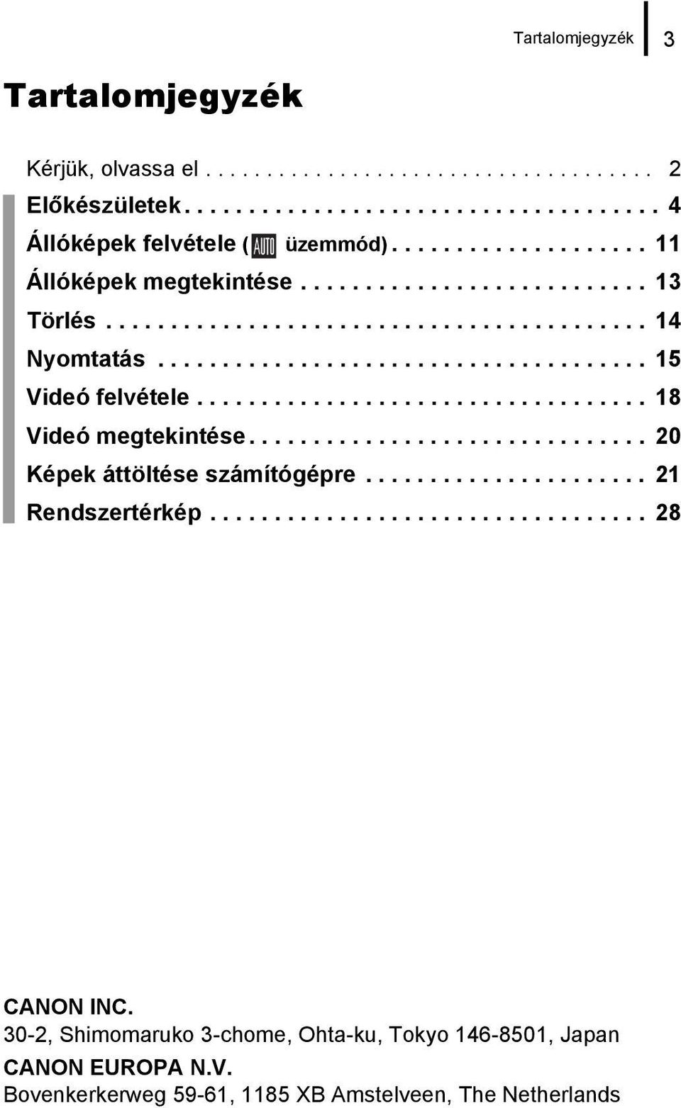 .................................. 18 Videó megtekintése............................... 20 Képek áttöltése számítógépre...................... 21 Rendszertérkép.................................. 28 CANON INC.