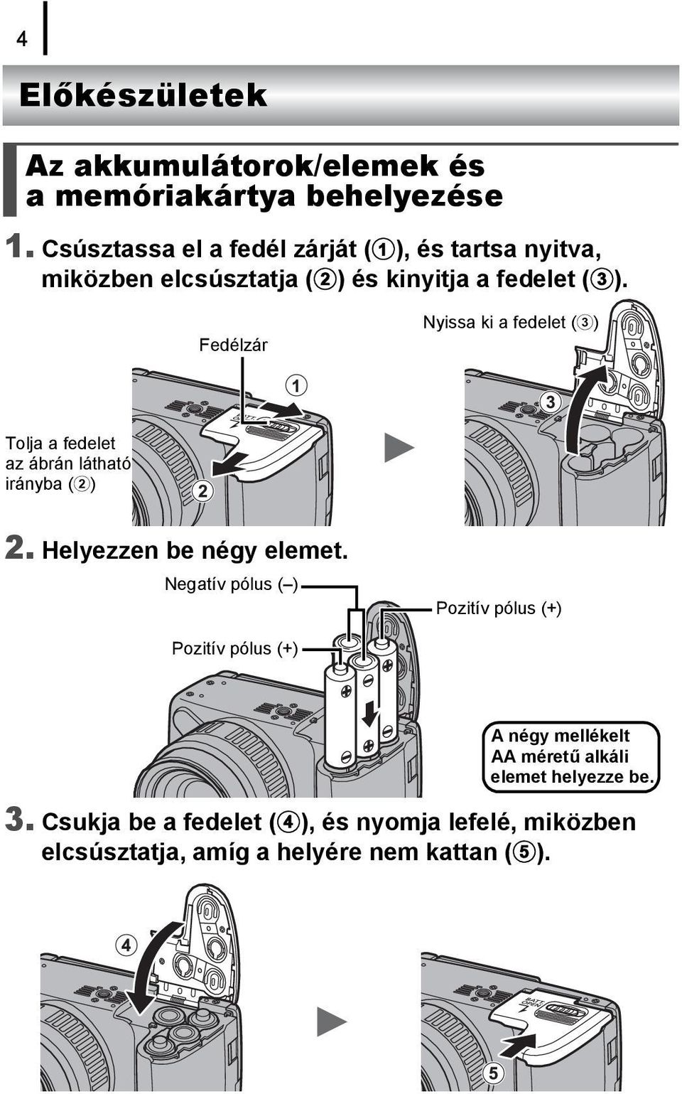 Fedélzár Nyissa ki a fedelet (c) Tolja a fedelet az ábrán látható irányba (b) 2. Helyezzen be négy elemet.