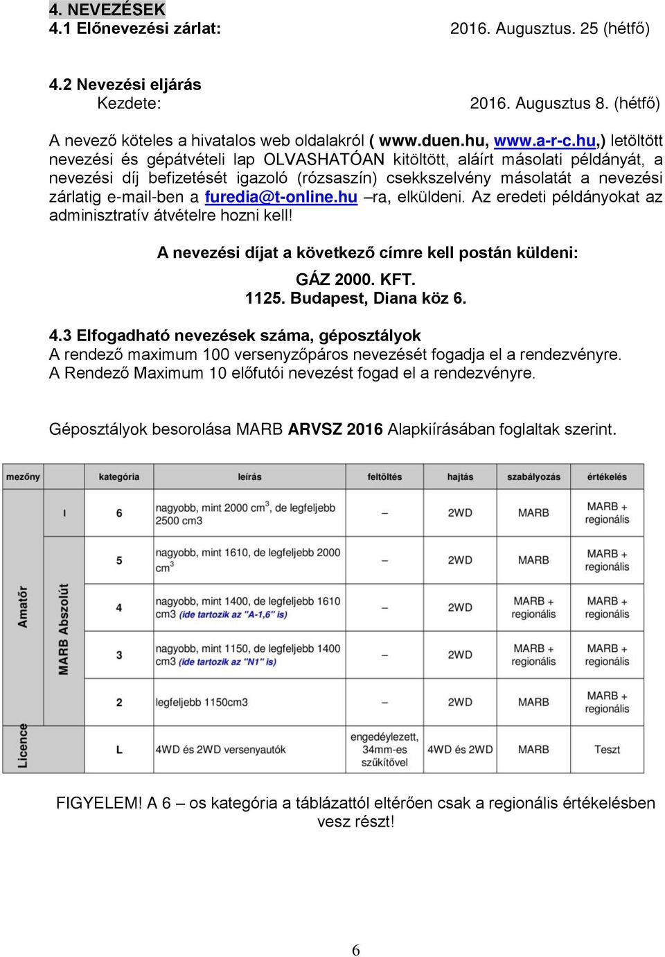 furedia@t-online.hu ra, elküldeni. Az eredeti példányokat az adminisztratív átvételre hozni kell! A nevezési díjat a következő címre kell postán küldeni: GÁZ 2000. KFT. 1125. Budapest, Diana köz 6. 4.