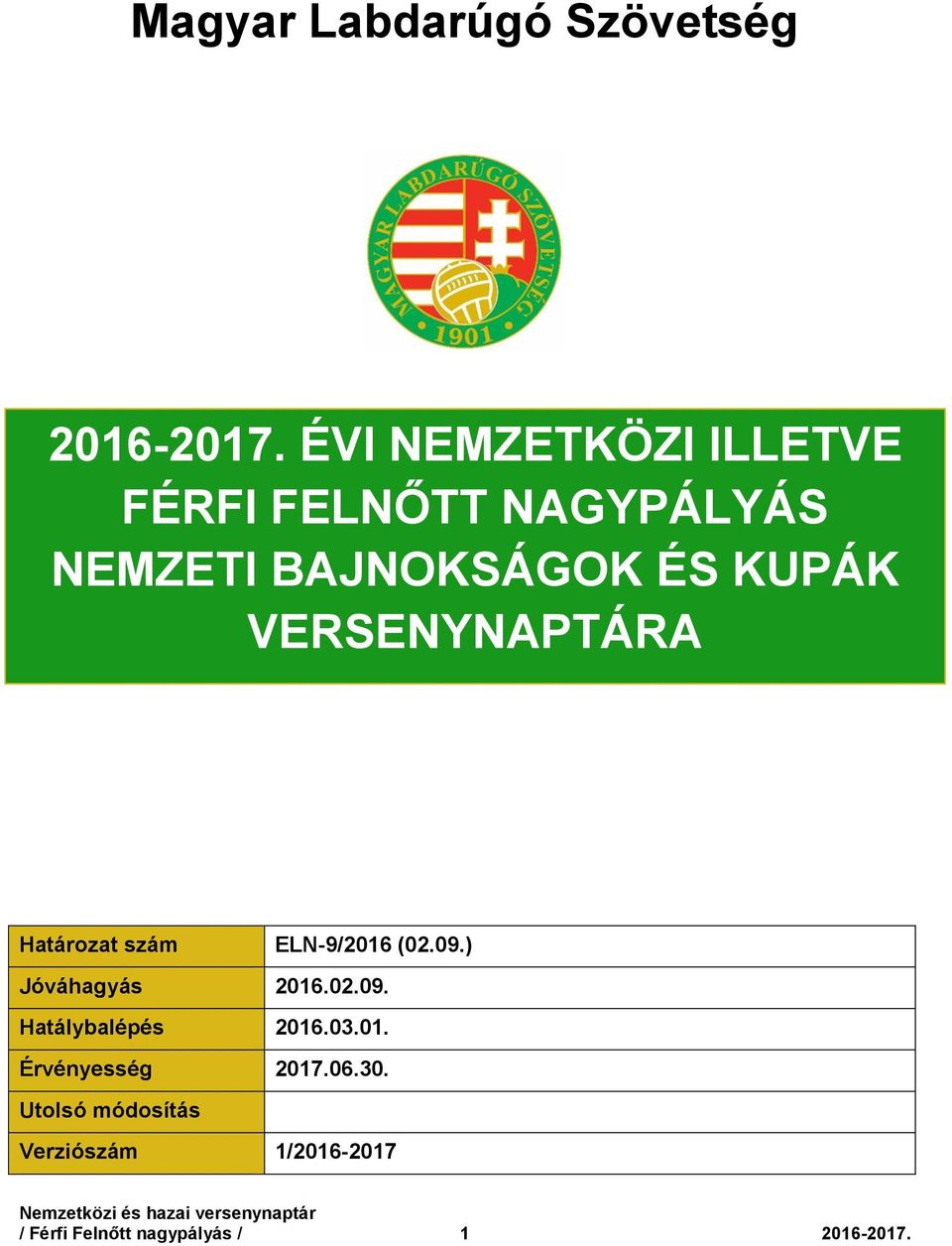 VERSENYNAPTÁRA Határozat szám ELN-9/2016 (02.09.) Jóváhagyás 2016.02.09. Hatálybalépés 2016.