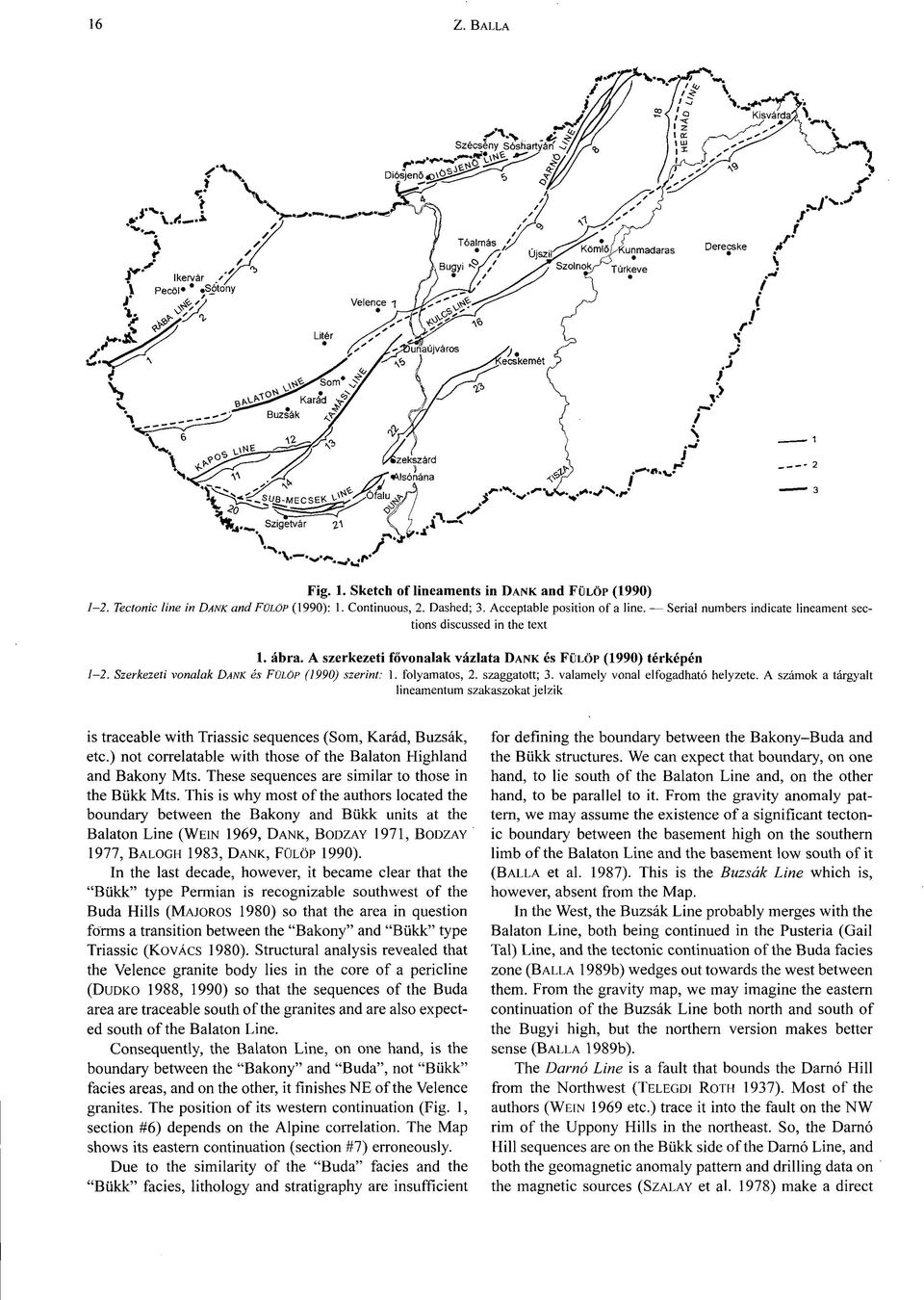 folyamatos, 2. szaggatott; 3. valamely vonal elfogadható helyzete. A számok a tárgyalt lineamentum szakaszokat jelzik is traceable with Triassic sequences (Som, Karád, Buzsák, etc.
