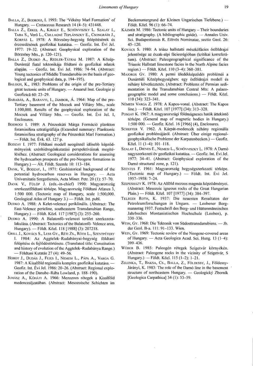 (Abstract: Geophysical exploration of the Börzsöny Mts., p. 120-121). Balla Z., Dudko A., Redler-Tátrai M. 1987: A Közép- Dunántúl fiatal tektonikája földtani és geofizikai adatok alapján. Geofiz.