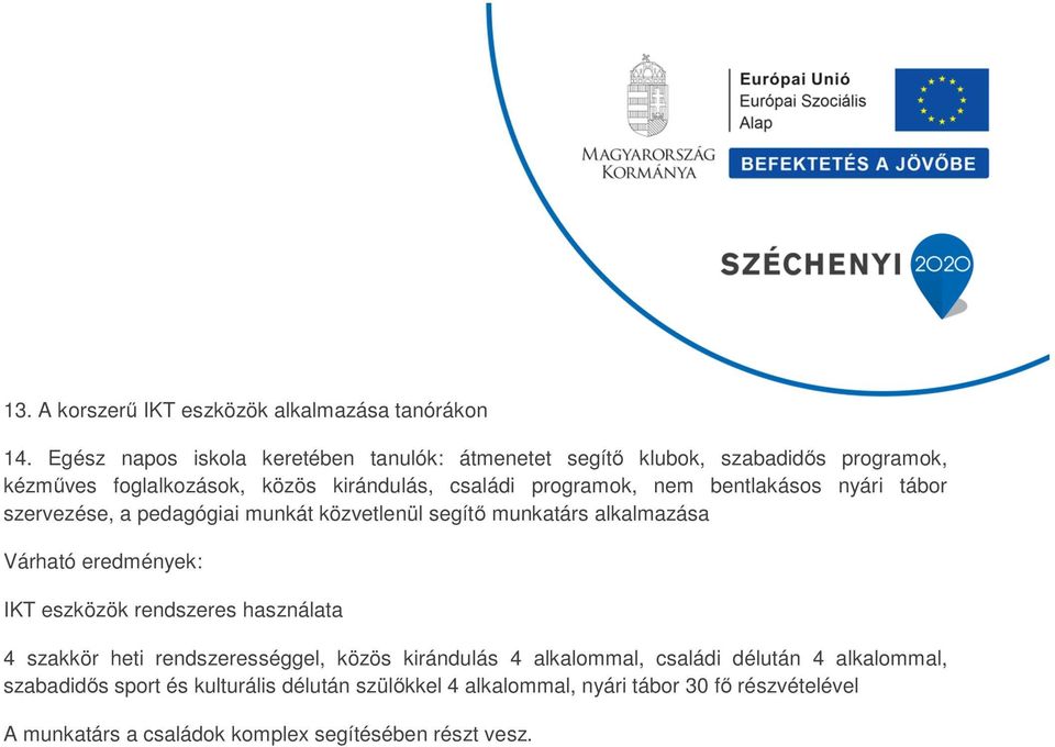 programok, nem bentlakásos nyári tábor szervezése, a pedagógiai munkát közvetlenül segítő munkatárs alkalmazása IKT eszközök rendszeres