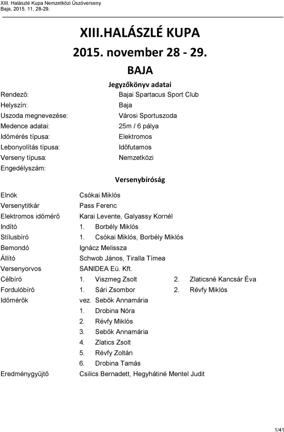 Karai Levente, Galyassy Kornél Indító 1. orbély Miklós Stílusbíró 1. sókai Miklós, orbély Miklós emondó Ignácz Melissza Állító Schwob János, Tiralla Tímea Versenyorvos SNIE Eü. Kft. élbíró 1.