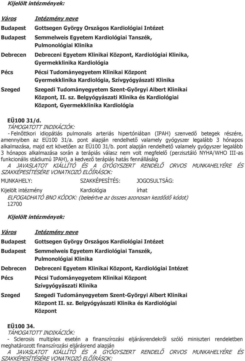 - Felnőttkori idiopátiás pulmonalis arteriás hipertóniában (IPAH) szenvedő betegek részére, amennyiben az EÜ100 31/a.