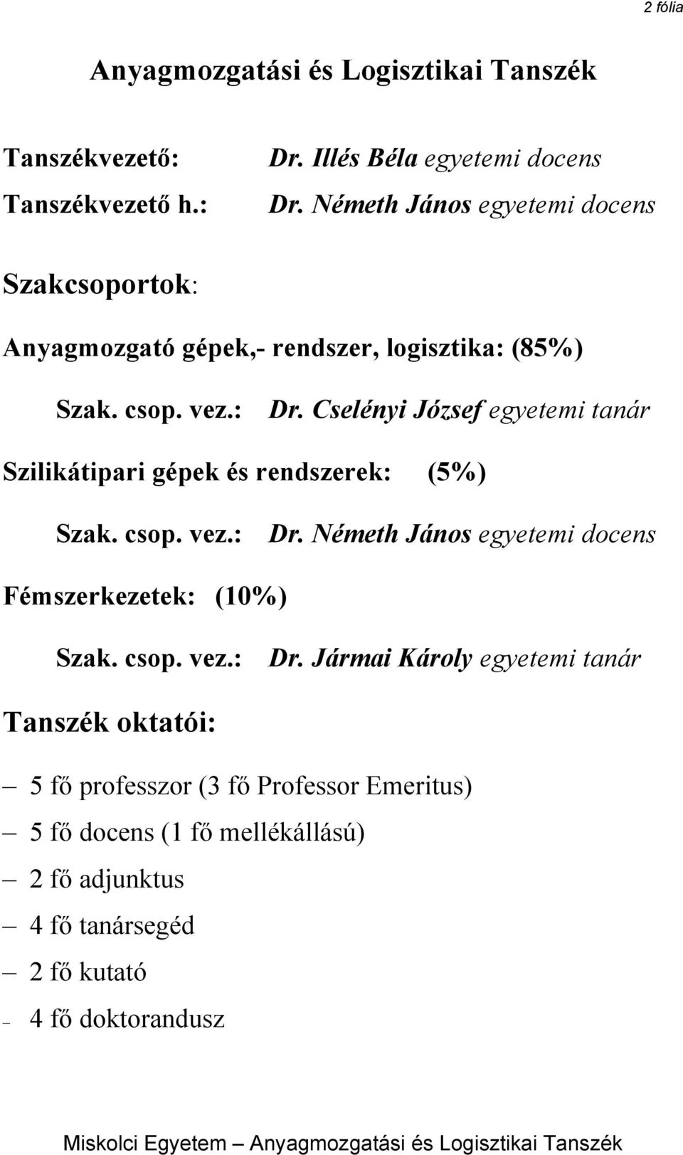 Cselényi József egyetemi tanár Szilikátipari gépek és rendszerek: (5%) Szak. csop. vez.: Dr.