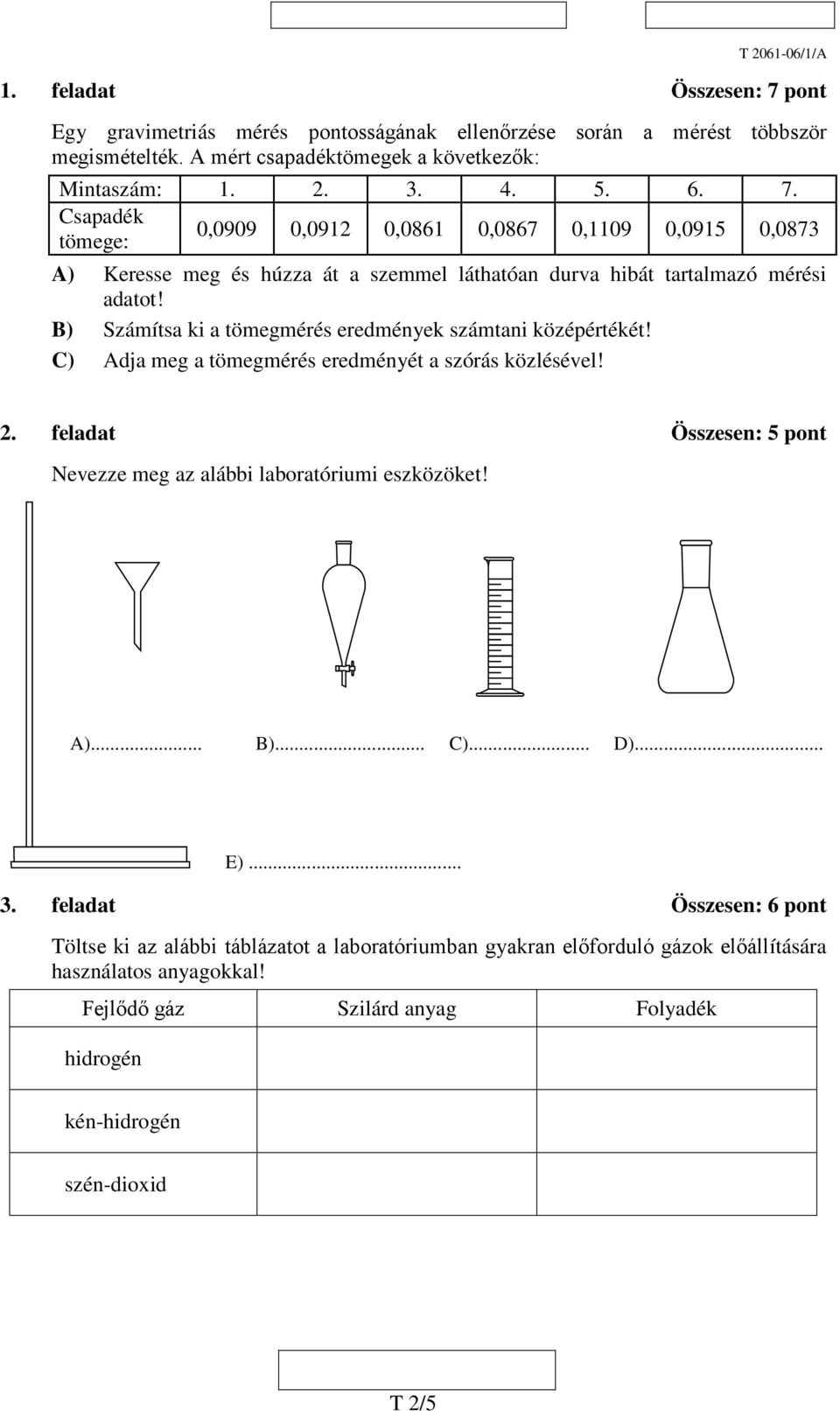 A)... B)... C)... D)... E)... 3. feladat Összesen: 6 pont Töltse ki az alábbi táblázatot a laboratóriumban gyakran előforduló gázok előállítására használatos anyagokkal!