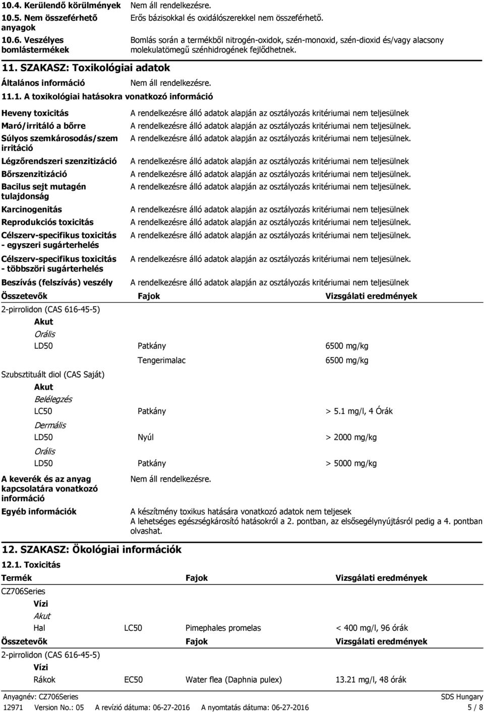 .1. A toxikológiai hatásokra vonatkozó információ Heveny toxicitás Maró/irritáló a bőrre Súlyos szemkárosodás/szem irritáció Légzőrendszeri szenzitizáció Bőrszenzitizáció Bacilus sejt mutagén