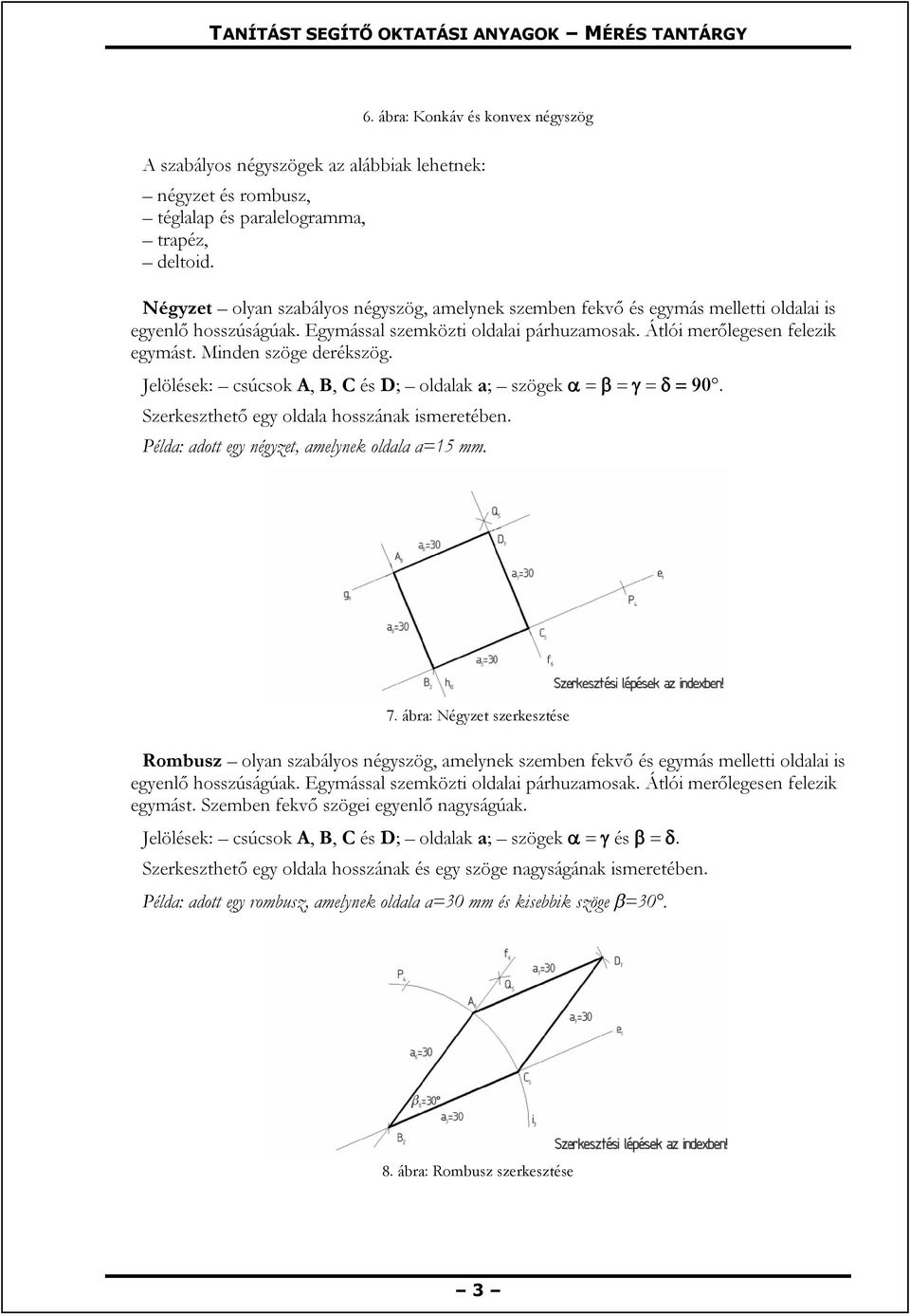 Minden szöge derékszög. Jelölések: csúcsok A, B, C és D; oldalak a; szögek. Szerkeszthető egy oldala hosszának ismeretében. Példa: adott egy négyzet, amelynek oldala a=15 mm. 7.