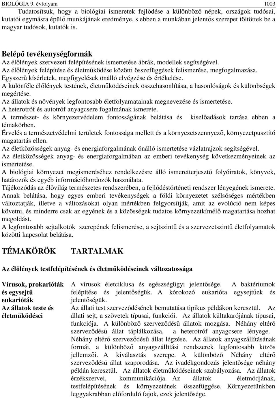 magyar tudósok, kutatók is. Belépő tevékenységformák Az élőlények szervezeti felépítésének ismertetése ábrák, modellek segítségével.