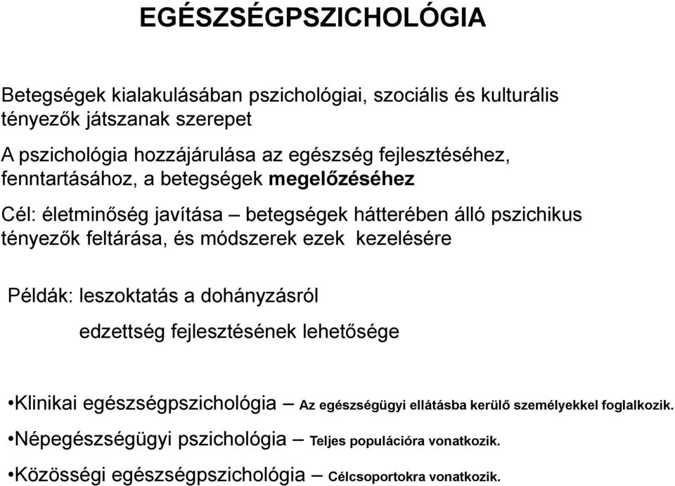 feltárása, és módszerek ezek kezelésére Példák: leszoktatás a dohányzásról edzettség fejlesztésének lehetősége Klinikai egészségpszichológia Az