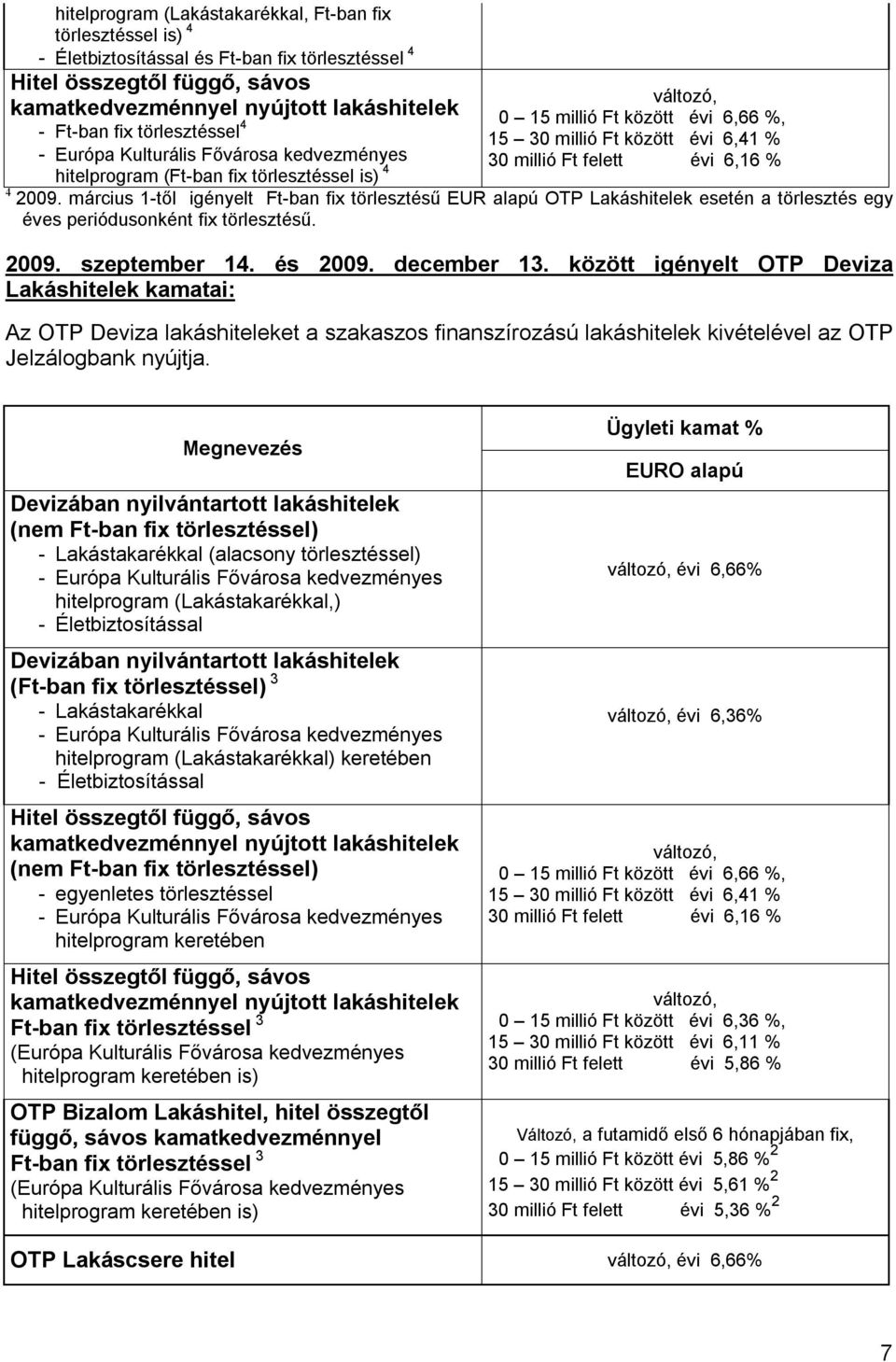 % 4 2009. március 1-től igényelt Ft-ban fix törlesztésű EUR alapú OTP Lakáshitelek esetén a törlesztés egy éves periódusonként fix törlesztésű. 2009. szeptember 14. és 2009. december 13.