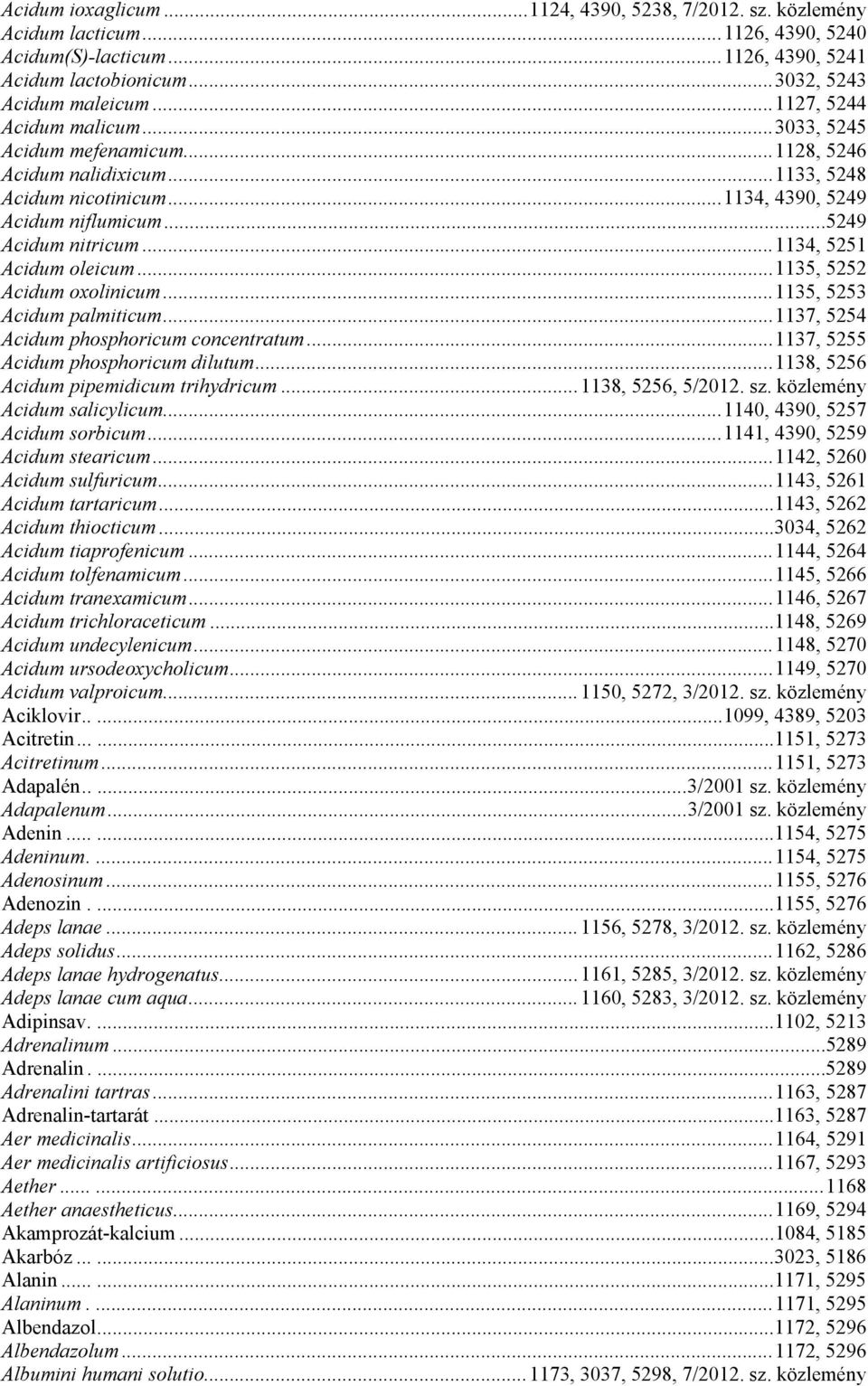 ..1134, 5251 Acidum oleicum...1135, 5252 Acidum oxolinicum...1135, 5253 Acidum palmiticum...1137, 5254 Acidum phosphoricum concentratum...1137, 5255 Acidum phosphoricum dilutum.