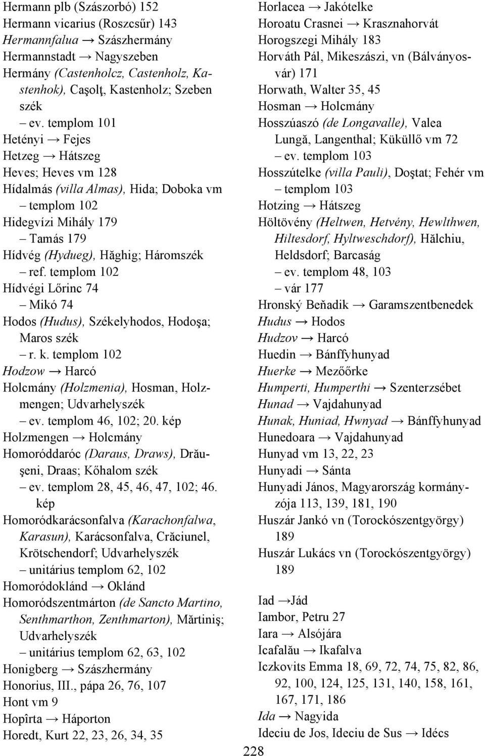 templom 102 Hídvégi Lőrinc 74 Mikó 74 Hodos (Hudus), Székelyhodos, Hodoşa; Maros szék r. k. templom 102 Hodzow Harcó Holcmány (Holzmenia), Hosman, Holzmengen; Udvarhelyszék ev. templom 46, 102; 20.