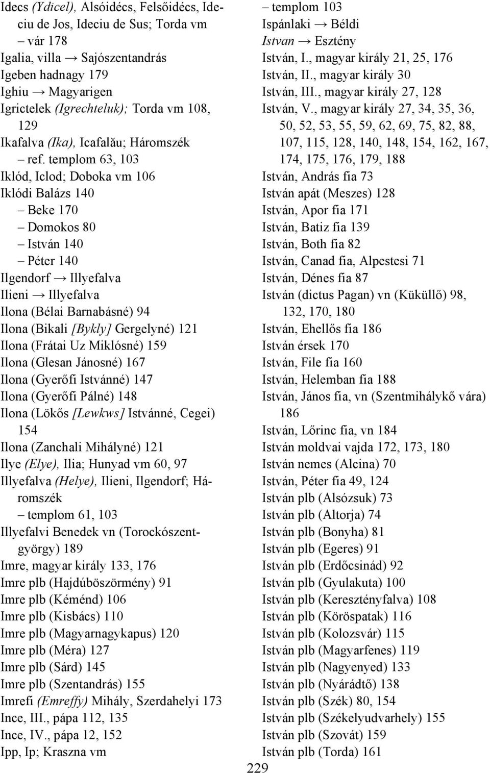 templom 63, 103 Iklód, Iclod; Doboka vm 106 Iklódi Balázs 140 Beke 170 Domokos 80 István 140 Péter 140 Ilgendorf Illyefalva Ilieni Illyefalva Ilona (Bélai Barnabásné) 94 Ilona (Bikali [Bykly]