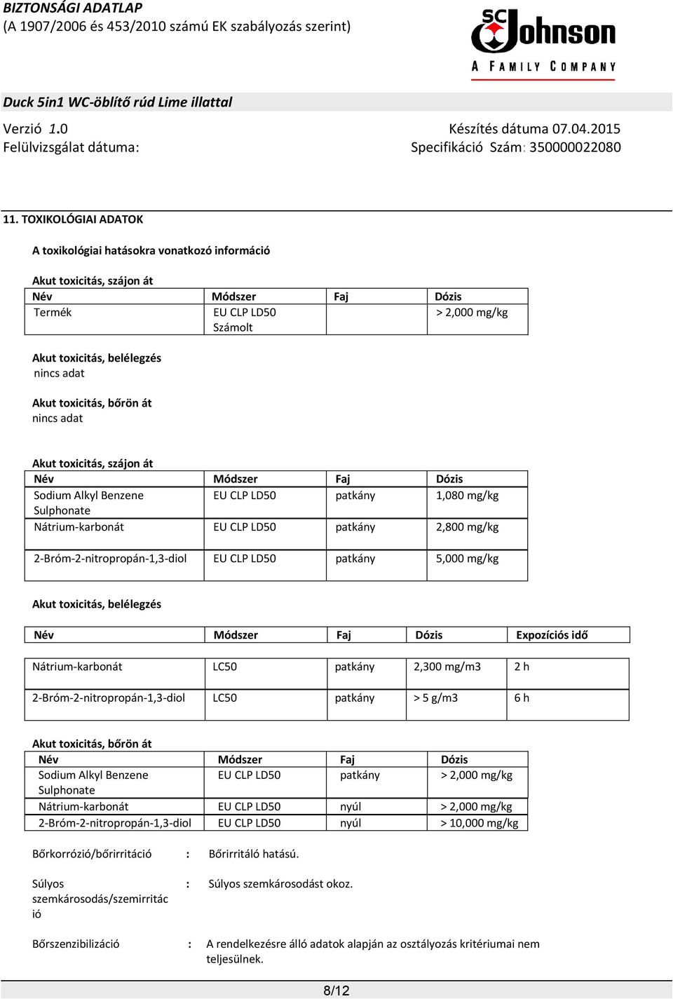 5,000 mg/kg Akut toxicitás, belélegzés Név Módszer Faj Dózis Expozíciós idő Nátrium-karbonát LC50 patkány 2,300 mg/m3 2 h 2-Bróm-2-nitropropán-1,3-diol LC50 patkány > 5 g/m3 6 h Akut toxicitás, bőrön