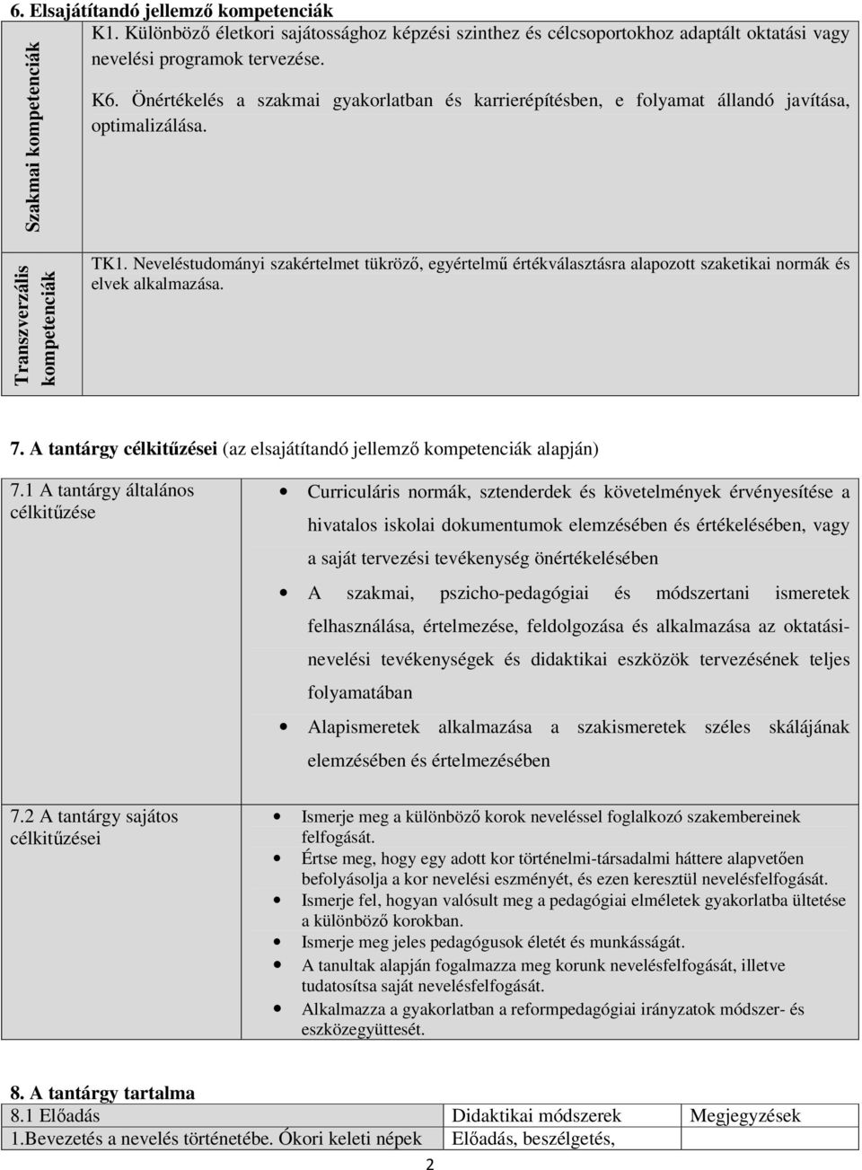 Neveléstudományi szakértelmet tükröző, egyértelmű értékválasztásra alapozott szaketikai normák és elvek alkalmazása. 7. A tantárgy célkitűzései (az elsajátítandó jellemző kompetenciák alapján) 7.